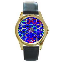 Blue Bee Hive Pattern Round Gold Metal Watch by Amaryn4rt