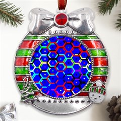 Blue Bee Hive Pattern Metal X mas Ribbon With Red Crystal Round Ornament by Amaryn4rt