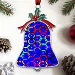 Blue Bee Hive Pattern Metal Holly Leaf Bell Ornament Front