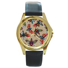 Tattoos Colorful Seamless Pattern Round Gold Metal Watch by Amaryn4rt