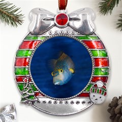 Fish Blue Animal Water Nature Metal X mas Ribbon With Red Crystal Round Ornament by Amaryn4rt