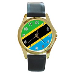 Flag Of Tanzania Round Gold Metal Watch by Amaryn4rt