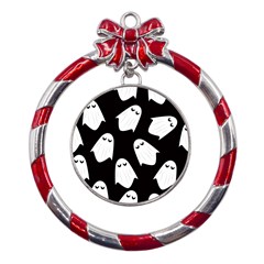 Ghost Halloween Pattern Metal Red Ribbon Round Ornament by Amaryn4rt