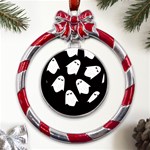 Ghost Halloween Pattern Metal Red Ribbon Round Ornament Front