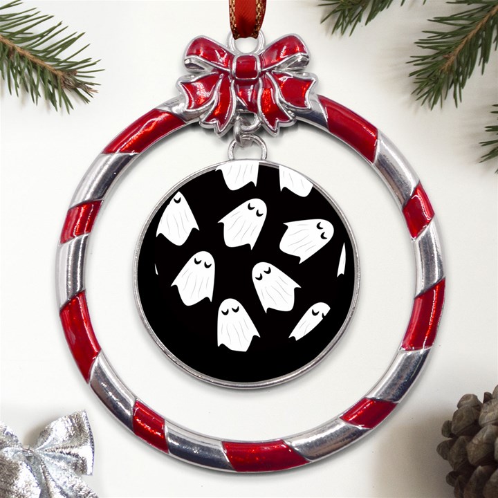 Ghost Halloween Pattern Metal Red Ribbon Round Ornament