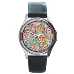 Monotype Art Pattern Leaves Colored Autumn Round Metal Watch by Amaryn4rt