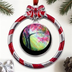 Forests Stunning Glimmer Paintings Sunlight Blooms Plants Love Seasons Traditional Art Flowers Sunsh Metal Red Ribbon Round Ornament by Amaryn4rt