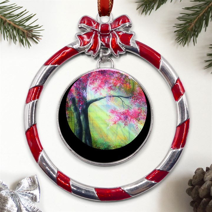 Forests Stunning Glimmer Paintings Sunlight Blooms Plants Love Seasons Traditional Art Flowers Sunsh Metal Red Ribbon Round Ornament