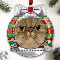 Cute Persian Catface In Closeup Metal X mas Ribbon With Red Crystal Round Ornament by Amaryn4rt