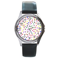 Paw Prints Background Round Metal Watch by Amaryn4rt