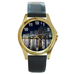 Cleveland Building City By Night Round Gold Metal Watch by Amaryn4rt