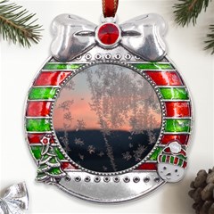 Hardest-frost-winter-cold-frozen Metal X mas Ribbon With Red Crystal Round Ornament by Amaryn4rt