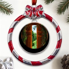 Beautiful World Entry Door Fantasy Metal Red Ribbon Round Ornament by Amaryn4rt