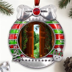 Beautiful World Entry Door Fantasy Metal X mas Ribbon With Red Crystal Round Ornament by Amaryn4rt