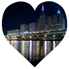 Cleveland Building City By Night Wooden Puzzle Heart by Amaryn4rt