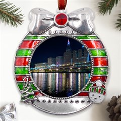 Cleveland Building City By Night Metal X mas Ribbon With Red Crystal Round Ornament by Amaryn4rt