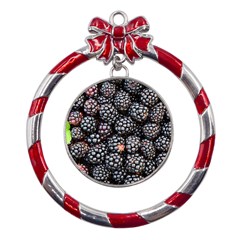 Blackberries-background-black-dark Metal Red Ribbon Round Ornament