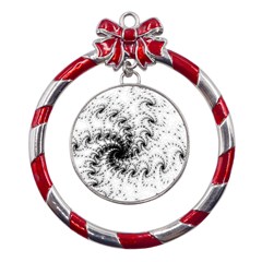 Fractal Black Spiral On White Metal Red Ribbon Round Ornament