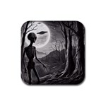 Space Alien with UFOs Rubber Square Coaster (4 pack) Front