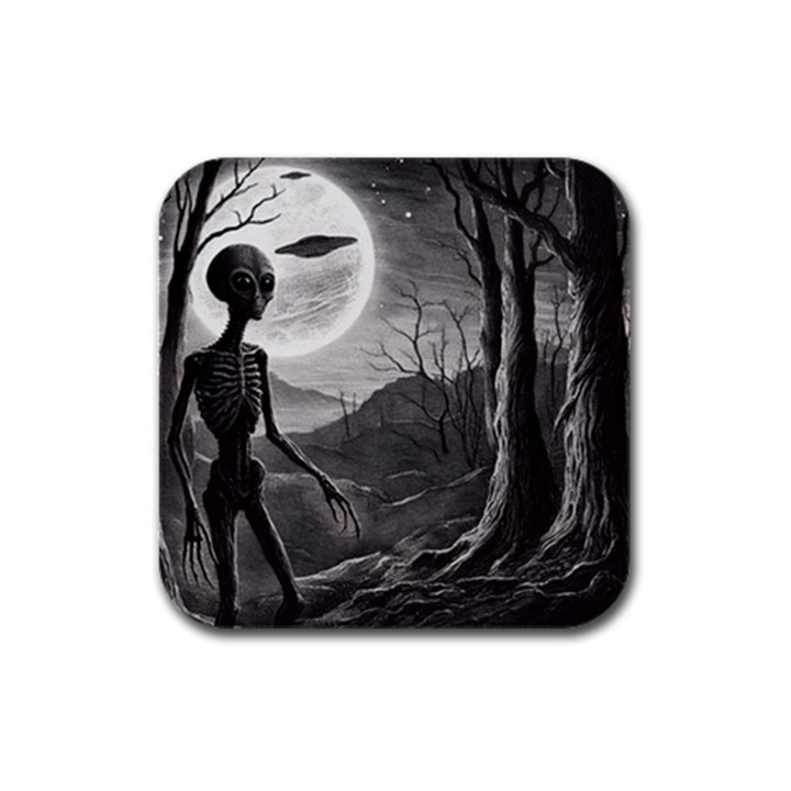 Space Alien with UFOs Rubber Square Coaster (4 pack)