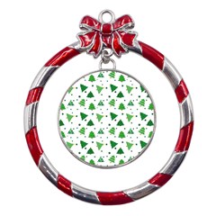 Christmas Trees Pattern Design Pattern Metal Red Ribbon Round Ornament by Amaryn4rt