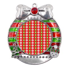 Festive Pattern Christmas Holiday Metal X mas Ribbon With Red Crystal Round Ornament by Amaryn4rt