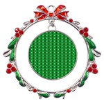 Green Christmas Tree Pattern Background Metal X mas Wreath Ribbon Ornament Front