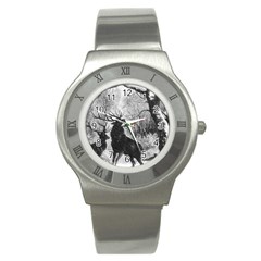 Stag-deer-forest-winter-christmas Stainless Steel Watch by Amaryn4rt