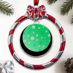 Snowflakes-winter-christmas-overlay Metal Red Ribbon Round Ornament by Amaryn4rt