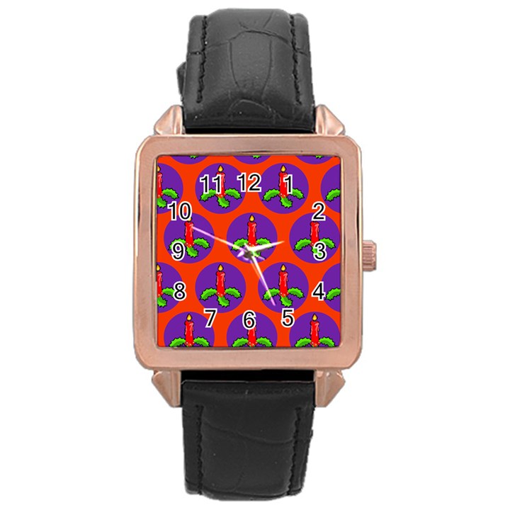 Christmas Candles Seamless Pattern Rose Gold Leather Watch 