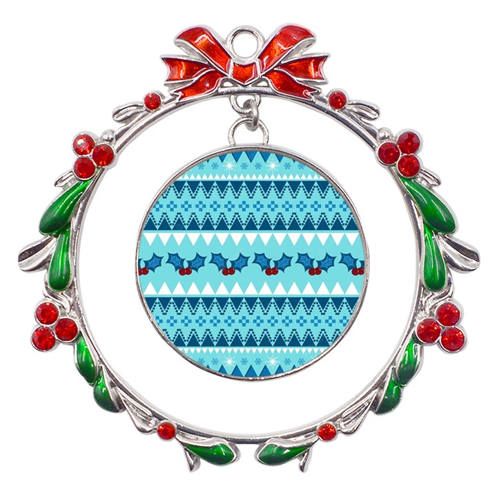 Blue Christmas Vintage Ethnic Seamless Pattern Metal X mas Wreath Ribbon Ornament