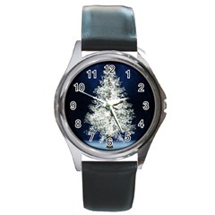 Tree Pine White Starlight Night Winter Christmas Round Metal Watch by Amaryn4rt