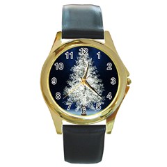 Tree Pine White Starlight Night Winter Christmas Round Gold Metal Watch by Amaryn4rt