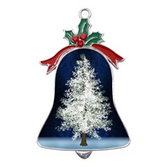 Tree Pine White Starlight Night Winter Christmas Metal Holly Leaf Bell Ornament by Amaryn4rt