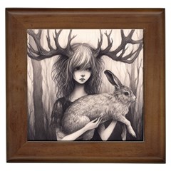 Girl With Antlers And Hare Framed Tile by Malvagia