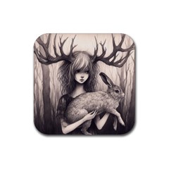 Girl With Antlers And Hare Rubber Coaster (square) by Malvagia