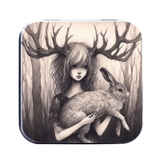 Girl With Antlers And Hare Square Metal Box (black) by Malvagia