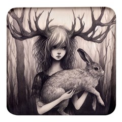 Girl With Antlers And Hare Square Glass Fridge Magnet (4 Pack) by Malvagia