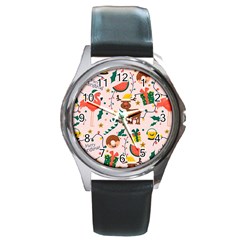 Colorful-funny-christmas-pattern Merry Xmas Round Metal Watch by Amaryn4rt