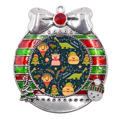 Colorful-funny-christmas-pattern Merry Christmas Xmas Metal X mas Ribbon With Red Crystal Round Ornament by Amaryn4rt