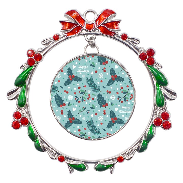 Seamless-pattern-with-berries-leaves Metal X mas Wreath Ribbon Ornament