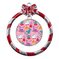 Colorful-funny-christmas-pattern Ho Ho Ho Metal Red Ribbon Round Ornament by Amaryn4rt