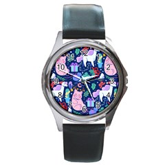 Colorful-funny-christmas-pattern Pig Animal Round Metal Watch by Amaryn4rt