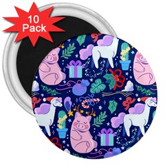 Colorful-funny-christmas-pattern Pig Animal 3  Magnets (10 Pack)  by Amaryn4rt