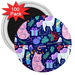 Colorful-funny-christmas-pattern Pig Animal 3  Magnets (100 Pack) by Amaryn4rt