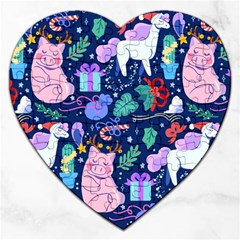 Colorful-funny-christmas-pattern Pig Animal Jigsaw Puzzle (heart) by Amaryn4rt