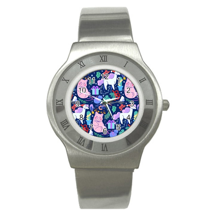 Colorful-funny-christmas-pattern Pig Animal Stainless Steel Watch