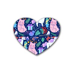 Colorful-funny-christmas-pattern Pig Animal Rubber Heart Coaster (4 Pack) by Amaryn4rt