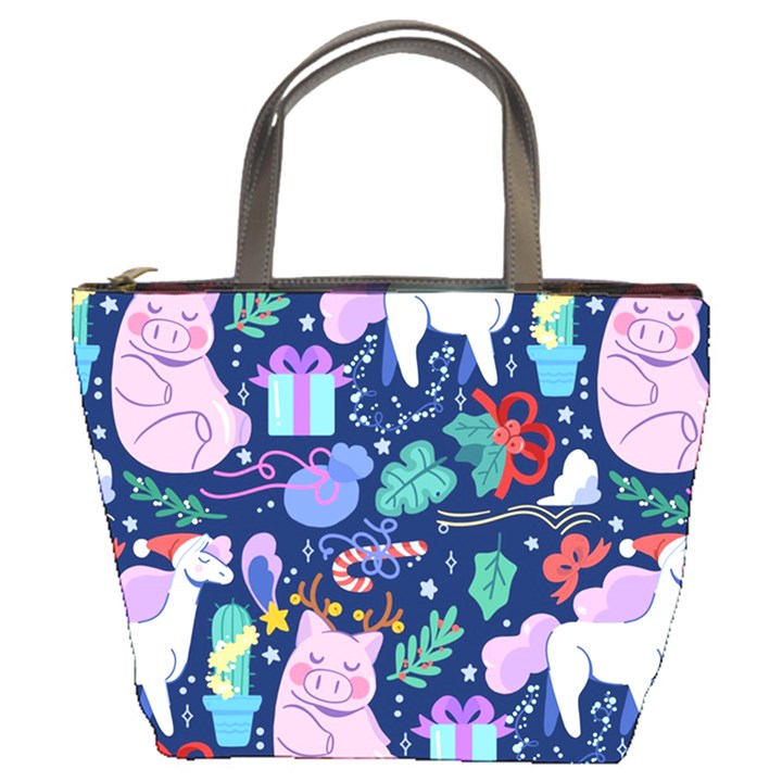 Colorful-funny-christmas-pattern Pig Animal Bucket Bag