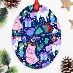 Colorful-funny-christmas-pattern Pig Animal Ornament (oval Filigree)